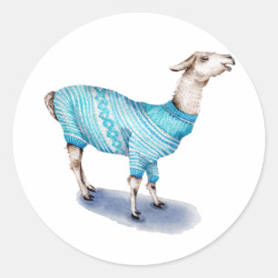 Adesivo Redondo Watercolor Llama em Blue Sweater