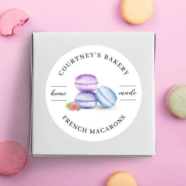 Adesivo Redondo Watercolor Macarons Dessert Bakery Homemade (Elegant watercolor made with love stickers for your macaron or dessert boxes)