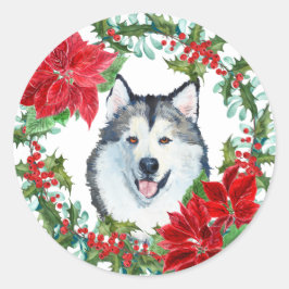 Adesivo Redondo Watercolor Malamute Dog Poinsettia Holiday Wreath
