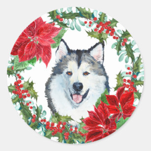Adesivo Redondo Watercolor Malamute Dog Poinsettia Holiday Wreath