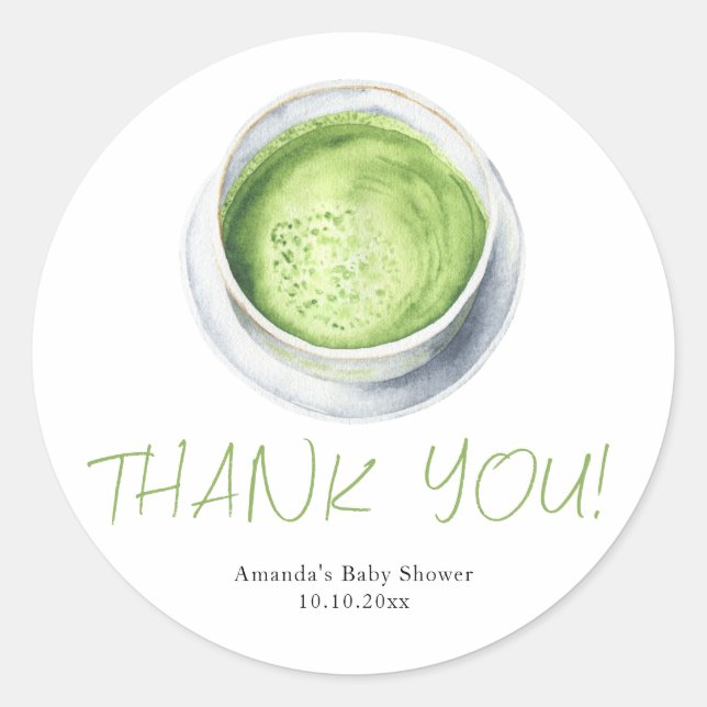 Adesivo Redondo Watercolor Matcha Latte Baby Shower Thank You (Frente)