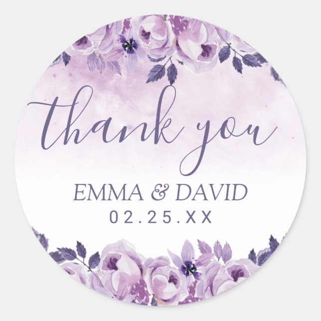 Adesivo Redondo Watercolor Mauve Floral Elegante Casamento Obrigad (Frente)