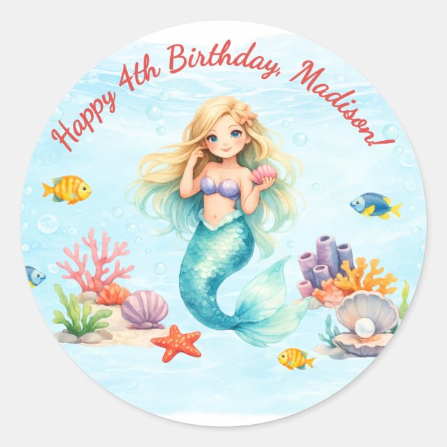 Adesivo Redondo Watercolor Mermaid Birthday (Frente)