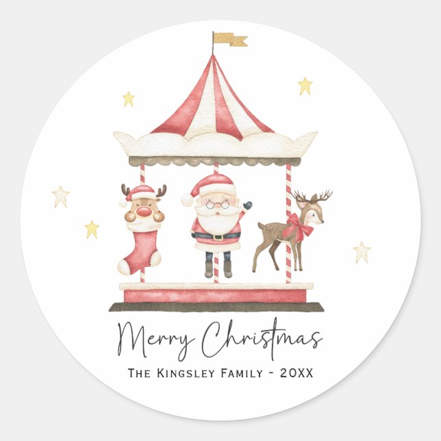 Adesivo Redondo Watercolor Natal Papai Noel Carousel (Frente)