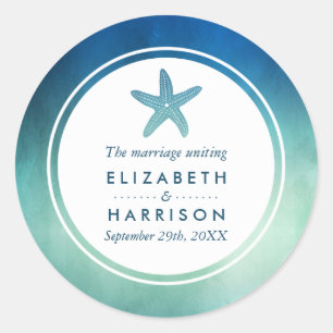 Adesivo Redondo Watercolor Ocean Starfish Casamento Praia Obrigado