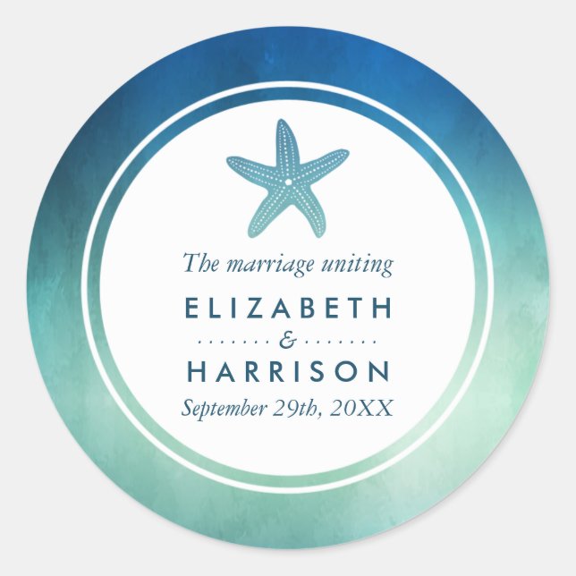 Adesivo Redondo Watercolor Ocean Starfish Casamento Praia Obrigado (Frente)