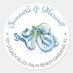 Adesivo Redondo Watercolor Octopus Beach Wedding Endereço de Devo