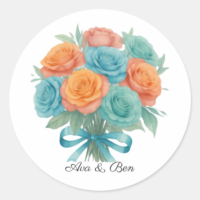 Adesivo Redondo Watercolor Orange and Teal Roses Wedding (Frente)