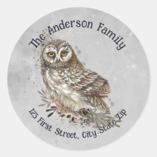 Adesivo Redondo Watercolor Owl Bird Willife Natureza Arte animal