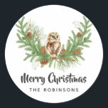 Adesivo Redondo Watercolor Owl Christmas<br><div class="desc">Vinhetas de Natal com uma coruja fofa,  água verde,  briar,  cones e pínus personalizáveis para o seu evento específico.</div>