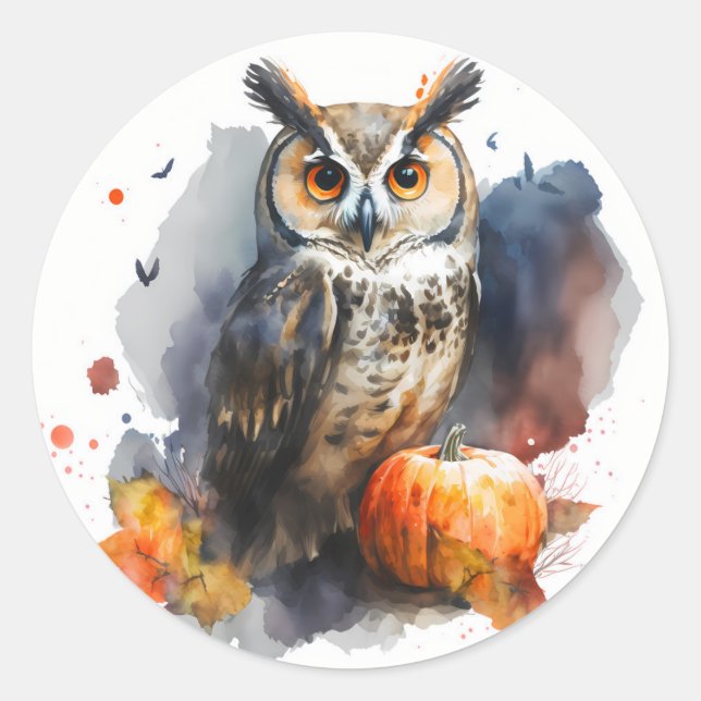 Adesivo Redondo Watercolor Owl Halloween (Frente)
