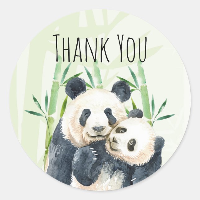 Adesivo Redondo Watercolor Panda Bears Mãe e Bebê em Bambu (Frente)