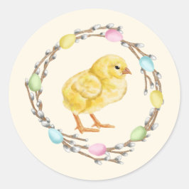 Adesivo Redondo Watercolor Pastel Willow Wreath With Baby Chick