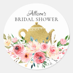 Adesivo Redondo Watercolor Peony Floral Bridal Tea Party Sticker