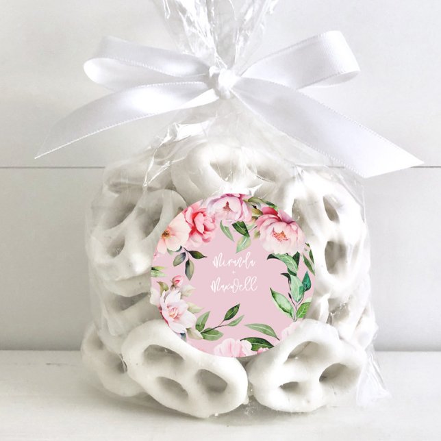 Adesivo Redondo Watercolor Peony Magnolia Pink Weding (Criador carregado)