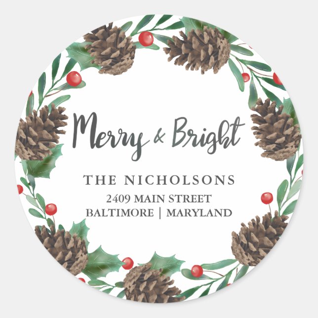 Adesivo Redondo Watercolor Pinecone Wreath Holiday Endereço de Dev (Frente)