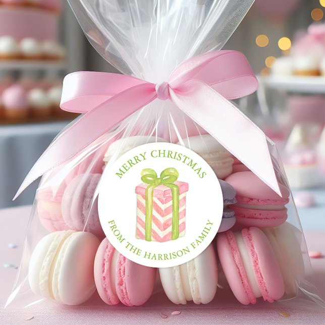 Adesivo Redondo Watercolor Pink & Green Christmas Gift (Criador carregado)