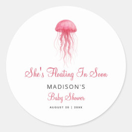 Adesivo Redondo Watercolor Pink Jellyfish Girl Baby Shower Favor