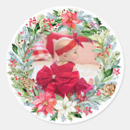 Adesivo Redondo Watercolor Poinsettia Christmas Wreath Photo