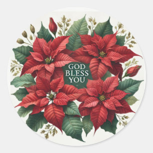 Adesivo Redondo Watercolor Poinsettia "Deus abençoe You" Natal