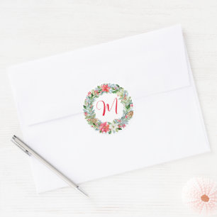 Adesivo Redondo Watercolor Poinsettia Wreath Monograma