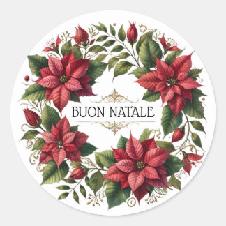Adesivo Redondo Watercolor Poinsettias "Buon Natale" Italiano