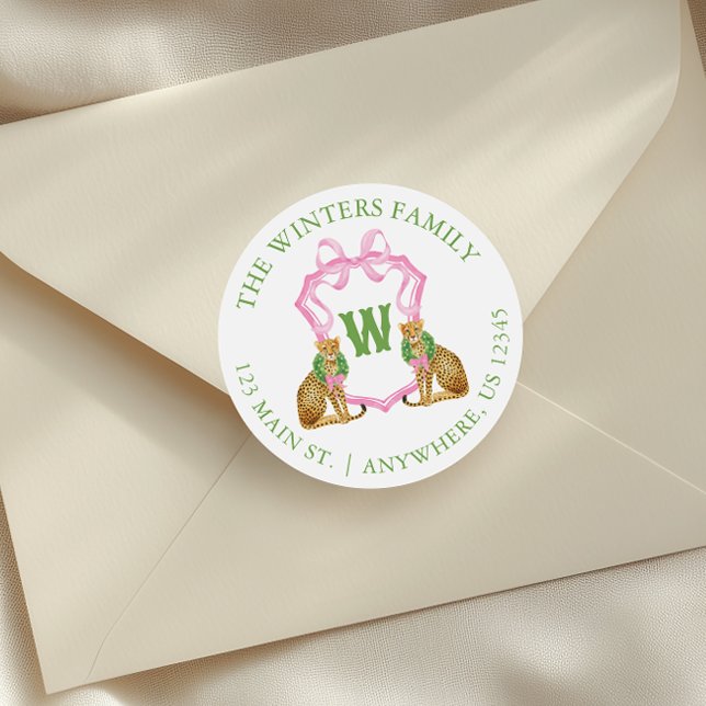 Adesivo Redondo Watercolor Preppy Leopard Monogram Crest (Criador carregado)