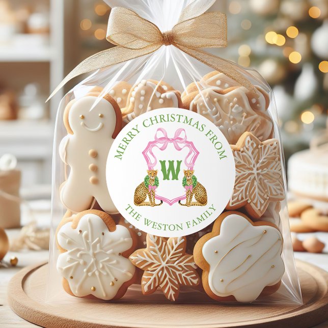 Adesivo Redondo Watercolor Preppy Leopard Monogram Crest (Criador carregado)