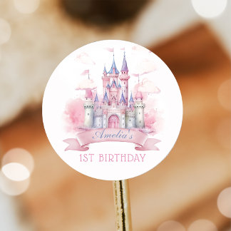 Adesivo Redondo Watercolor Princess Castle Birthday Sticker