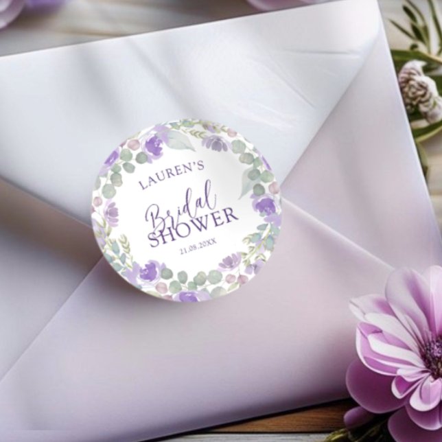 Adesivo Redondo Watercolor Purple Floral Bridal Shower (Criador carregado)