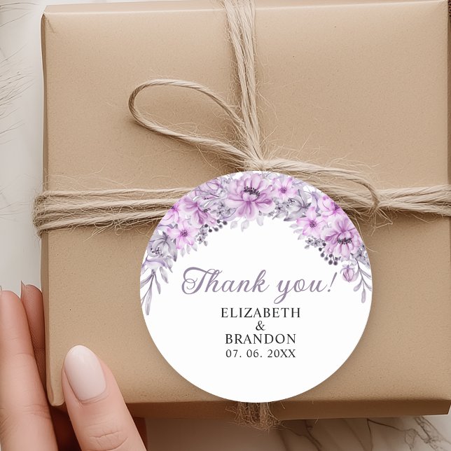 Adesivo Redondo Watercolor Purple Flowers Wedding Celebration (Criador carregado)