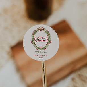 Adesivo Redondo Watercolor Red Green Arco Wreath Feliz Natal