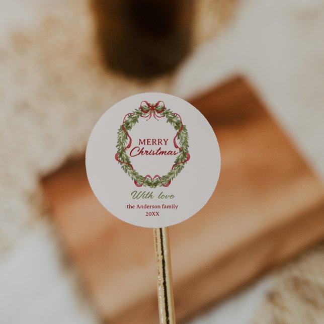 Adesivo Redondo Watercolor Red Green Arco Wreath Feliz Natal (Criador carregado)