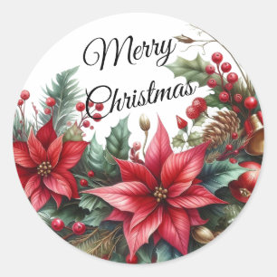 Adesivo Redondo Watercolor Red Merry Christmas Flower