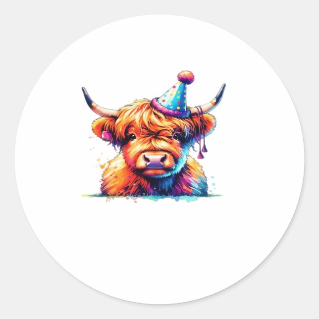 Adesivo Redondo Watercolor Scottish Highland Cow Birthday Essentia (Frente)
