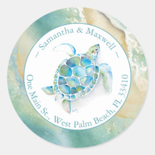 Adesivo Redondo Watercolor Sea Turtle & Greenerence Return Endere