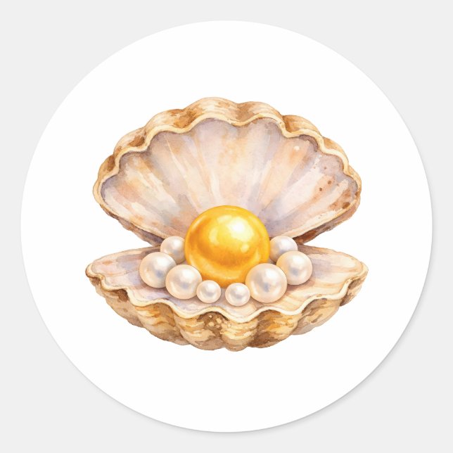 Adesivo Redondo Watercolor Seashell with Golden and White Pearls  (Frente)