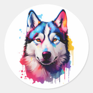 Adesivo Redondo Watercolor Siberian Husky Colorir Art