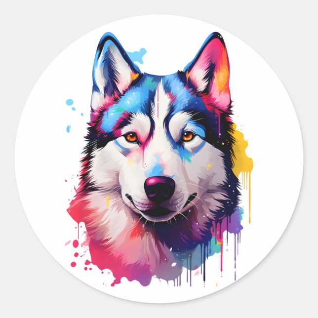 Adesivo Redondo Watercolor Siberian Husky Colorir Art (Frente)