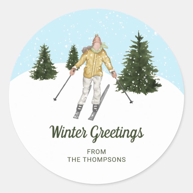 Adesivo Redondo Watercolor Skier Girl Custom Winter Greetings Text (Frente)