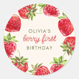 Adesivo Redondo Watercolor Strawberry Berry First primeiro anivers