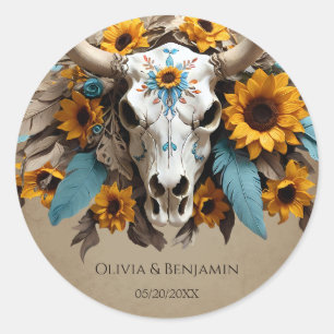 Adesivo Redondo Watercolor Sunflower Feather Cow Skull Casamento