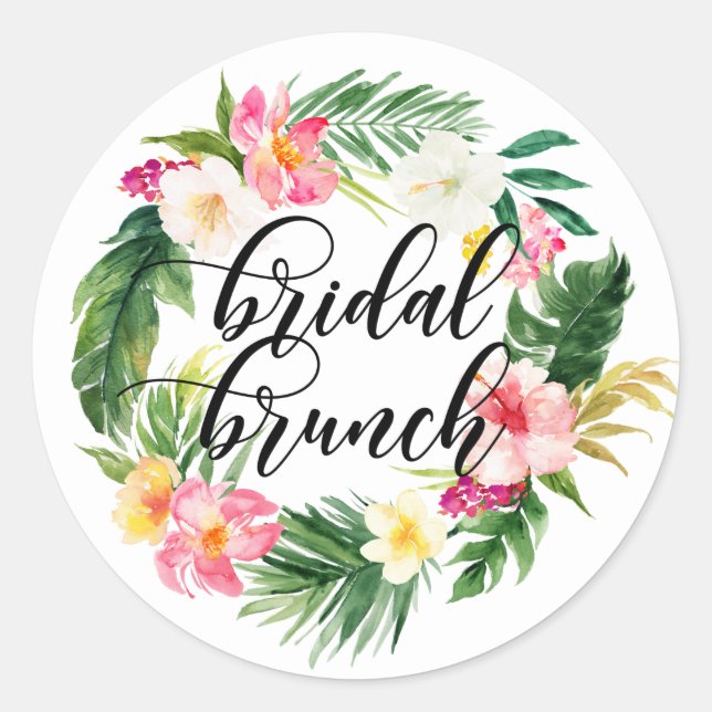 Adesivo Redondo Watercolor Tropical Flowers Wreath Bridal Brunch (Frente)