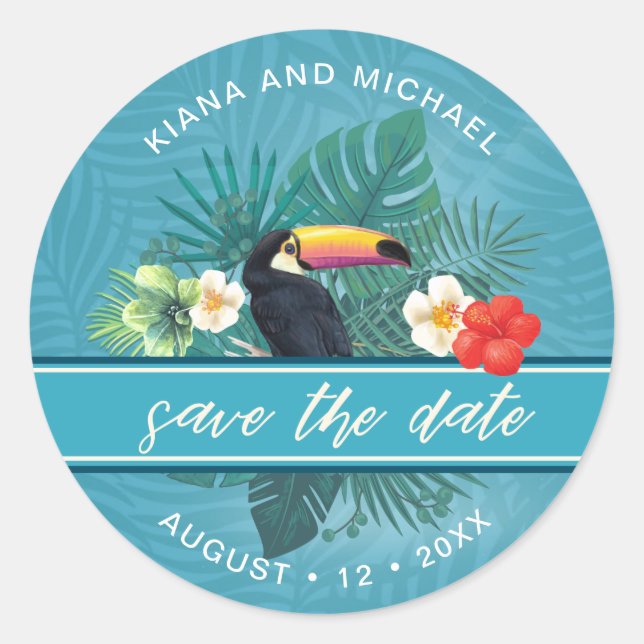 Adesivo Redondo Watercolor Tropical Save the Date Teal ID577 (Frente)