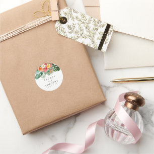 Adesivo Redondo Watercolor Tropical Summer Wedding Floral Greenery