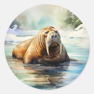Adesivo Redondo Watercolor Walrus Ártico