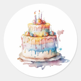 Adesivo Redondo Watercolor Whimsical Birthday CAke