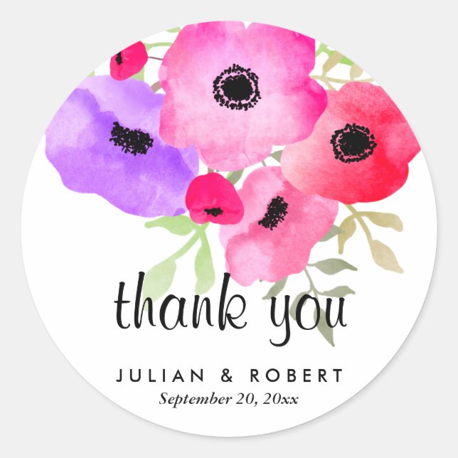 Adesivo Redondo Watercolor Whimsical Flowers Casamento Obrigado (Frente)