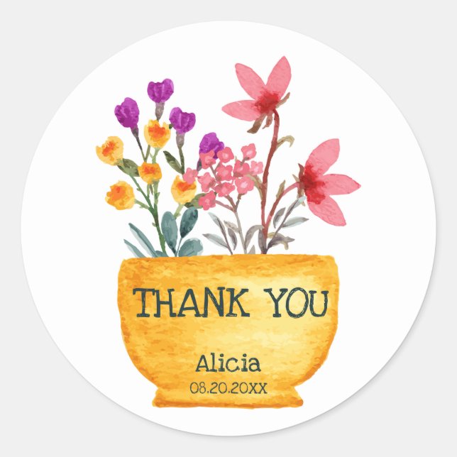 Adesivo Redondo Watercolor Wildflower Em Pote Obrigado (Frente)