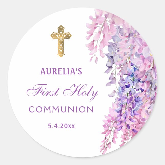 Adesivo Redondo Watercolor Wisteria First Communion Round Sticker (Frente)